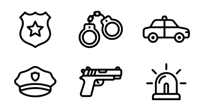 Police Icons Set: Badge, Handcuffs, Car, Hat, Gun, Siren, Law Enforcement Vector Graphics