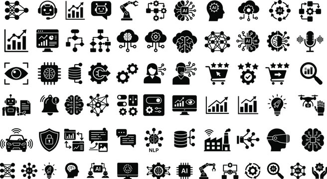 Artificial intelligence and machine learning icon collection featuring automation analytics neural networks data science and AI technology.