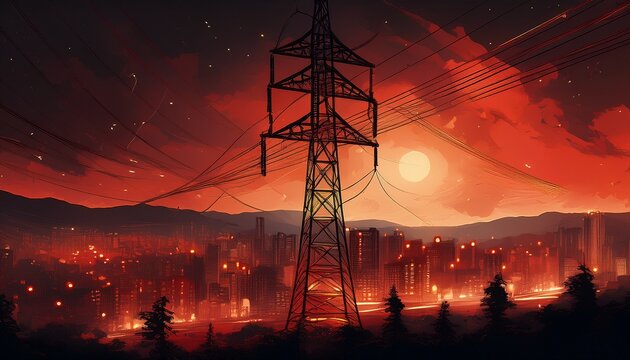 blackout in spain and portugal shows dark cityscape with electricity pylon european energy crisis power outage and infrastructure vulnerability at night power outage concept mz