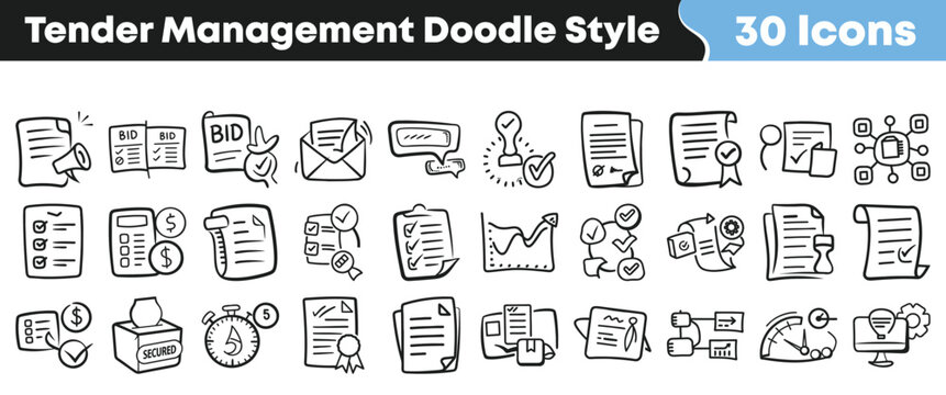 Hand drawn collection of various tender management business process icons