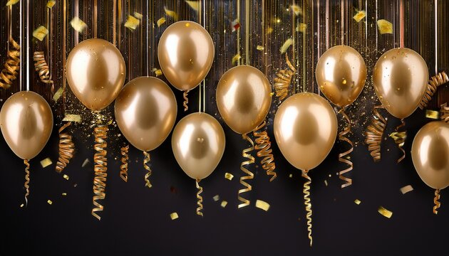 gold confetti balloons cascade down vibrant banner decoration ribbon