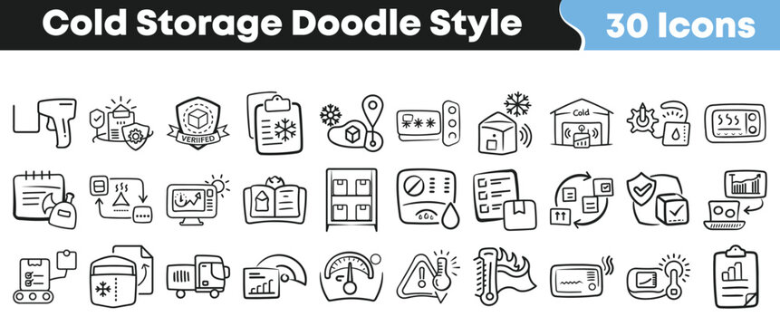 Set of thirty hand drawn cold storage icons in doodle style