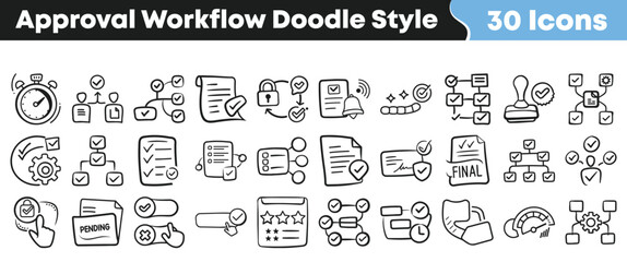 Naklejka premium Collection of hand drawn approval workflow icons in doodle style