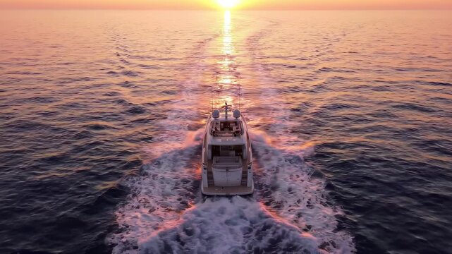 Luxury motor yacht cruising on open ocean leaving water wake during golden hour sunset