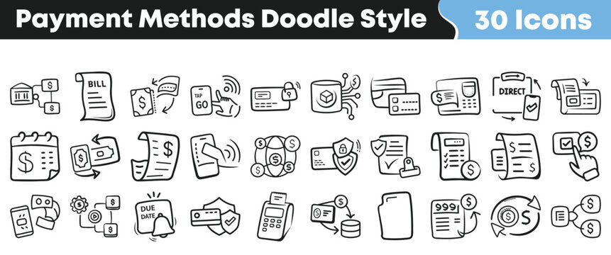 Collection of hand drawn doodle icons representing various payment methods
