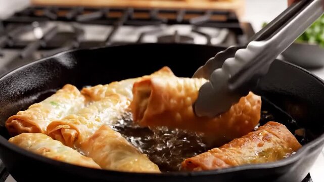 Crispy Egg Rolls Frying in Hot Oil in a Cast Iron Skillet on a Stove Top.