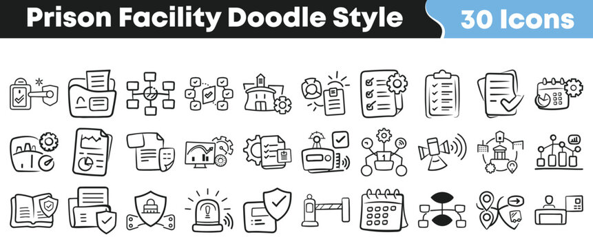 Set of thirty hand drawn prison facility icons in doodle style