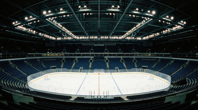 Empty ice hockey rink illuminated by arena floodlights.