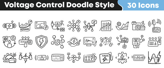 Naklejka premium Hand drawn set of thirty voltage control icons in doodle style