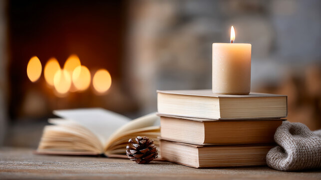 Cozy candlelit scene with stacked books and pinecone on wooden table