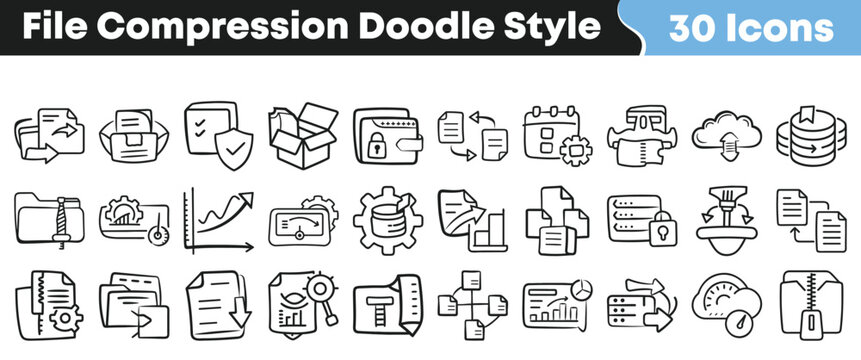 Hand drawn collection of various file compression doodle style icons