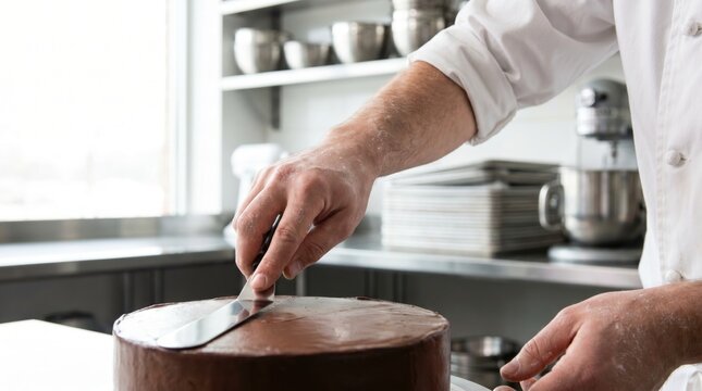 Pastry chef using a metal spatula to spread chocolate frosting on a layer cake
