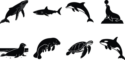 Marine animals and ocean wildlife vector silhouette icons set featuring whale shark dolphin sea turtle manatee and orca © Sabbir