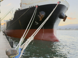 Naklejka premium bulk carrier vessel moored in port. ship bow and bulb. mooring lines and anchors.