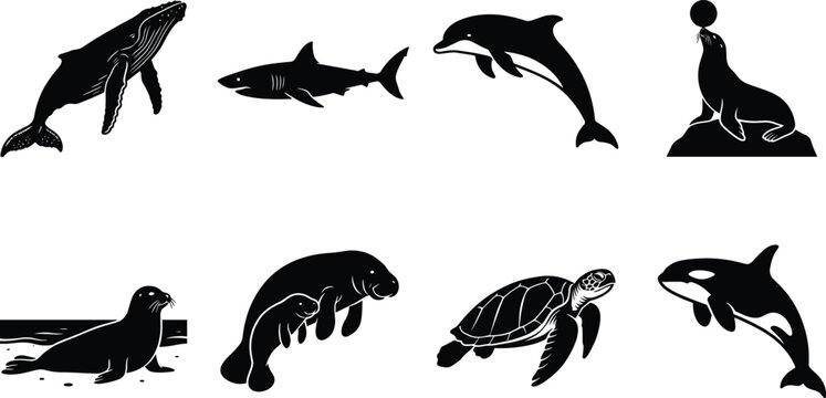Marine animals and ocean wildlife vector silhouette icons set featuring whale shark dolphin sea turtle manatee and orca