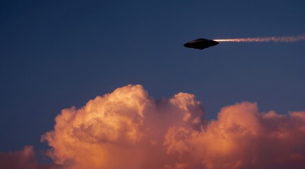 Fototapeta premium Dark unidentified flying object flies through dusk sky leaving smoke trail. Glowing orange clouds drift below alien craft on twilight atmosphere. Mystery journey in deep blue.