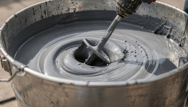 Closeup medium shot of gray elastomeric roof coating being mixed with a drill mixer focusing on the uniform blending of flexible liquid membrane for durable roof protection.
