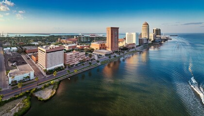 Naklejka premium high rises medical buildings and palm lined streets toward port facilities in galveston texas capturing blend of domestic life institutional presence and industrial coastal infrastructure