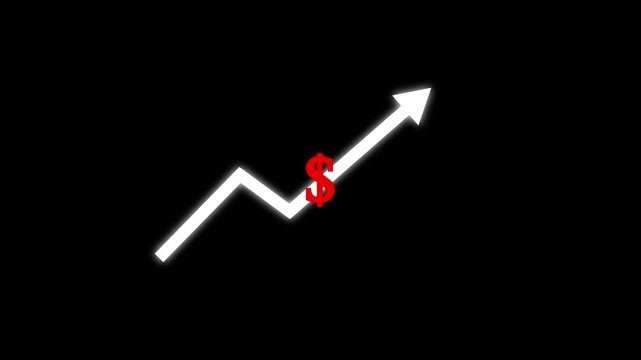 Money increases icon, dollar rate increase stretching arrow up icon .Glowing up arrow with dollar sign. Glowing neon line of dollar sign icon and up arrow isolated on transparent.Business growth