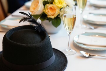 Obraz premium Elegant table setting for horse race event with champagne, flowers and formal hat. Guests enjoy celebration with fine china plates and glassware. Sophisticated festive gathering in soft light.