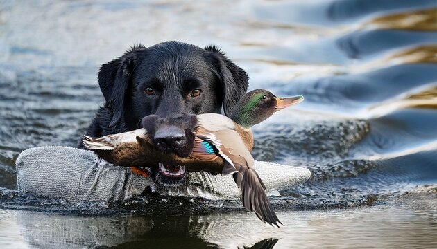 black retriever carrying a dead duck in his mouth while out duck hunting with his owner at a lake