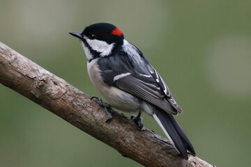 Obraz premium Acorn woodpecker bird rests on branch. Small avian creature has black red white plumage. Wild animal perched in green forest habitat. Natural zoology study subject.