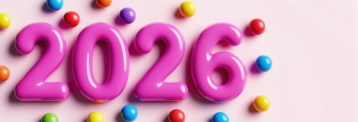 Obraz premium Bright pink number 2026 floats surrounded by colorful candy balls. Festive greeting for upcoming new year celebration. Sweet number concept for holiday event.
