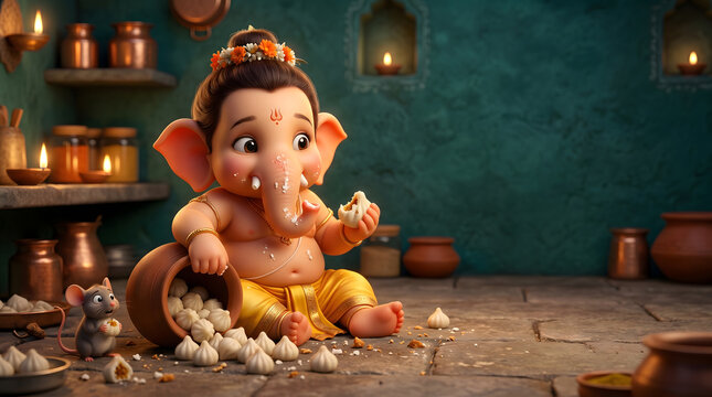 Baby ganesha eating modak with mouse friend in rustic kitchen with clay pot