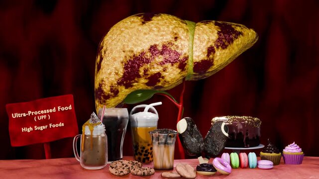 Liver Fat Accumulation From Sugary Ultra Processed Foods and Modern Junk Food Diet 3D Rendering
