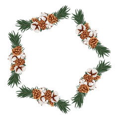 Naklejka premium decorative round frame with pine cones, coniferous branches and cotton flowers in the shape of a round wreath, for holiday posters, postcards, social networks and promotional materials