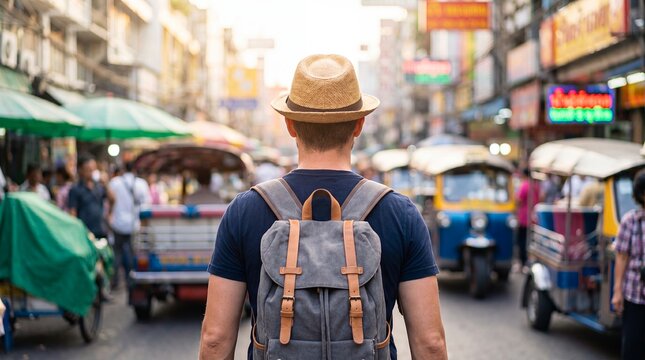 Young backpacker walking through the vibrant outdoor market.