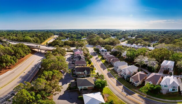 panorama aerial neighborhood streets near meeting st and morrison dr frame mid rise housing beside elevated highway structures in charleston upper peninsula varied roofs parked cars roadway