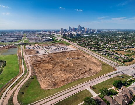 north texas fast growing area with downtown plano skyline in background vacant land to grow near worley and memorial drive in suburban residential neighborhood the colony denton county aerial
