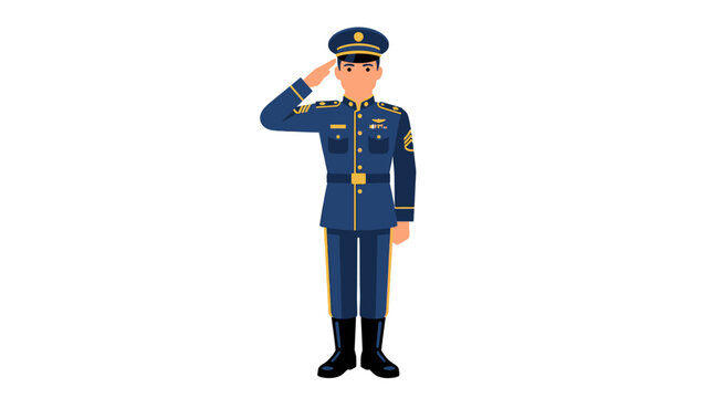 Illustration of a military officer in a blue uniform saluting with a white background.