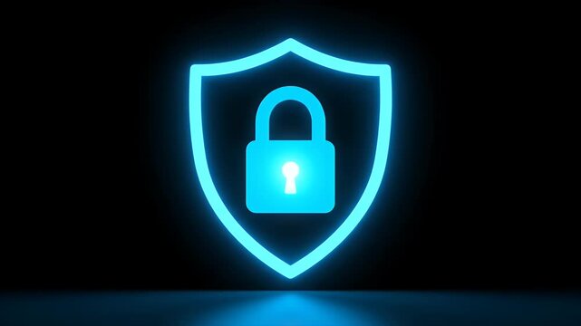 Shield with padlock icon representing digital security and data protection in a glowing blue neon