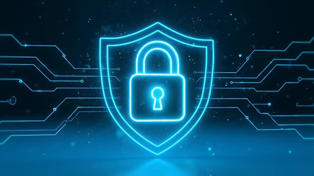 Cyber security shield with padlock icon representing digital data protection and network safety