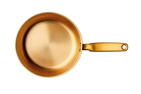 Top view of a high quality golden bronze metal frying pan with a single handle isolated on transparent background