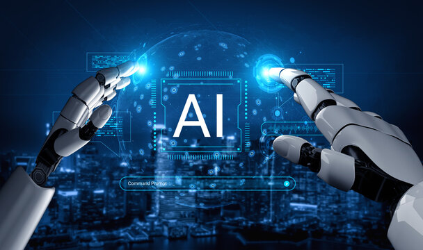 A stunning visual representation of artificial intelligence, featuring robotic hands reaching for digital data displays in a high-tech, futuristic city environment. Cyphers