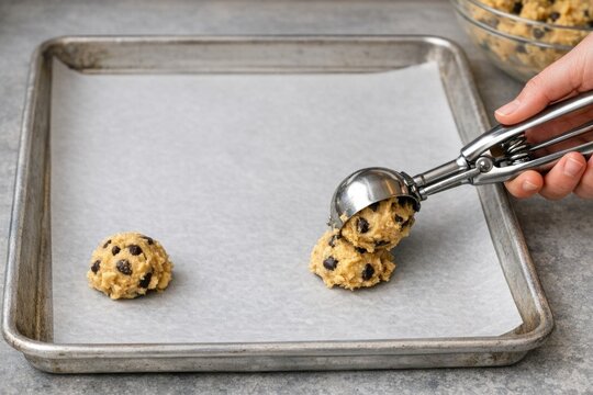 A person scoops cookie dough from a baking sheet
