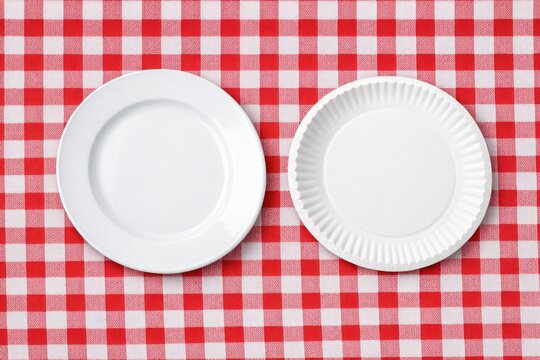 A simple white plate placed on a red and white checkered tablecloth