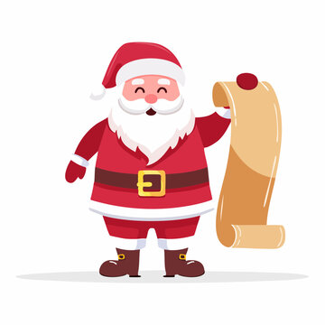 Santa Claus holding a long scroll with a list