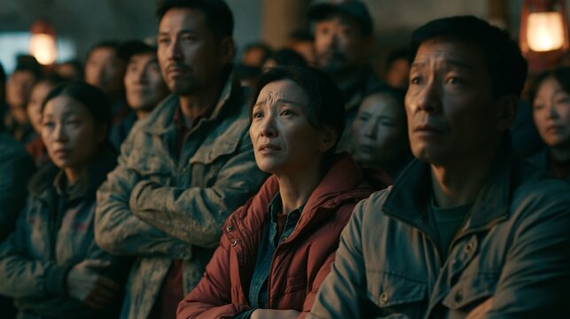 Villagers gathered in a rural community hall during a tense evening meeting, worried faces and guarded body language, dusty setting, dim lantern lighting.