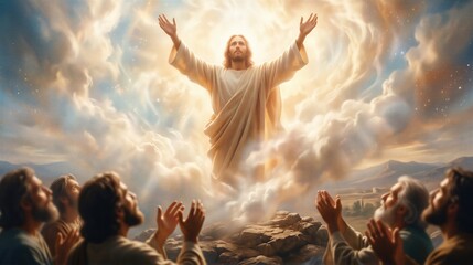 Jesus ascending into heaven with man disciples watching him. Biblical scene for Ascension Day. Religious concept of miracle, faith, resurrection, and divine power in the sky.