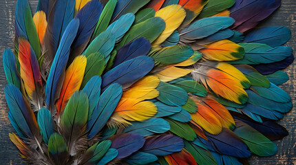 Obraz premium Vibrant Multicolored Tropical Macaw Bird Feathers Arranged in an Abstract Pattern Texture Background