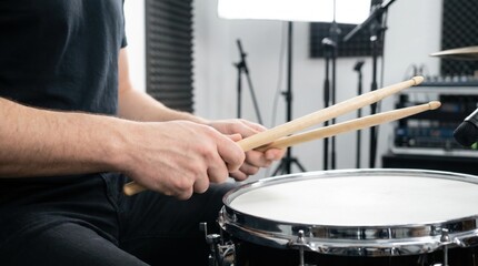 Obraz premium Drummer hands holding wooden drumsticks over snare drum in professional music recording studio