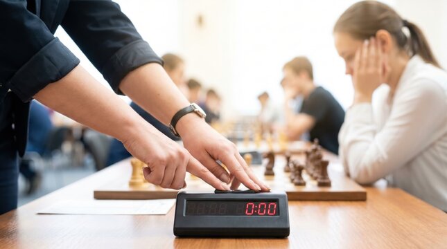 Close up of hands pressing digital chess clock button during competitive chess tournament match
