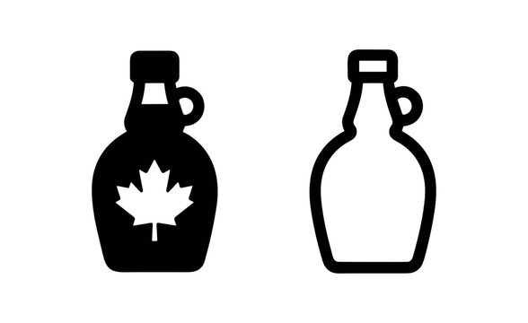 Maple syrup bottle icon set, vector illustration of Canadian sweet condiment in filled and outline versions on a white background.