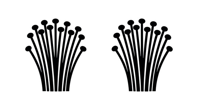 Abstract black and white enoki mushrooms or delicate plant stalks icon set on isolated background.