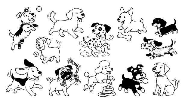 Vintage Style Happy Little Dogs in Playful Puppy Action Poses Vector Collection