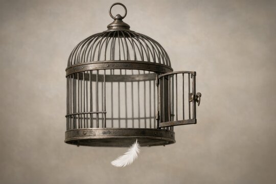 A small bird sitting inside a metal cage holding a single feather, possibly escaping or waiting for rescue